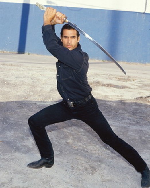 Adrian Paul as MacLeod in Bow Stance, or Zornhut, with Dragon-Head Samurai Katana (HIGHLANDER-THE SERIES)-Edited Image.jpg