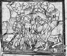 Coronation of Pharamond; Battle between French and Romans; King leaves city in formal procession of the king Grand Chronique de france.jpg